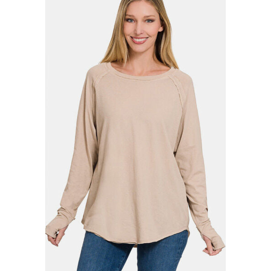 Zenana Round Neck Thumbhole Long Sleeve Top LT MOCHA / S Apparel and Accessories
