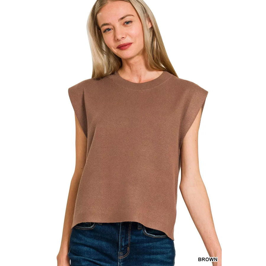 Zenana Round Neck Viscose Sweater Vest BROWN / S Apparel and Accessories
