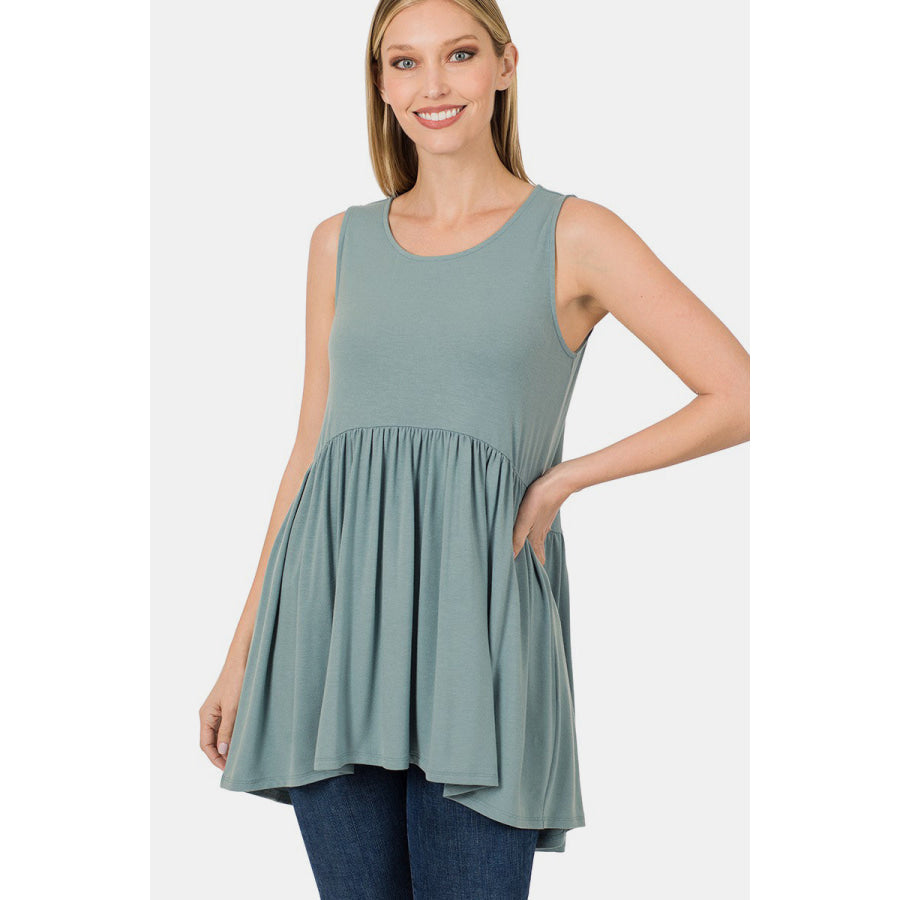 Zenana Round Neck Wide Strap Babydoll Top Blue Grey / S Apparel and Accessories