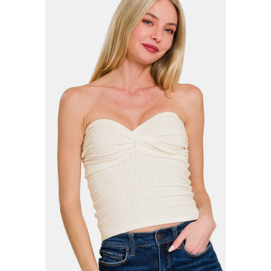 Zenana Ruched Twisted Sweetheart Neck Top Ivory / S Apparel and Accessories