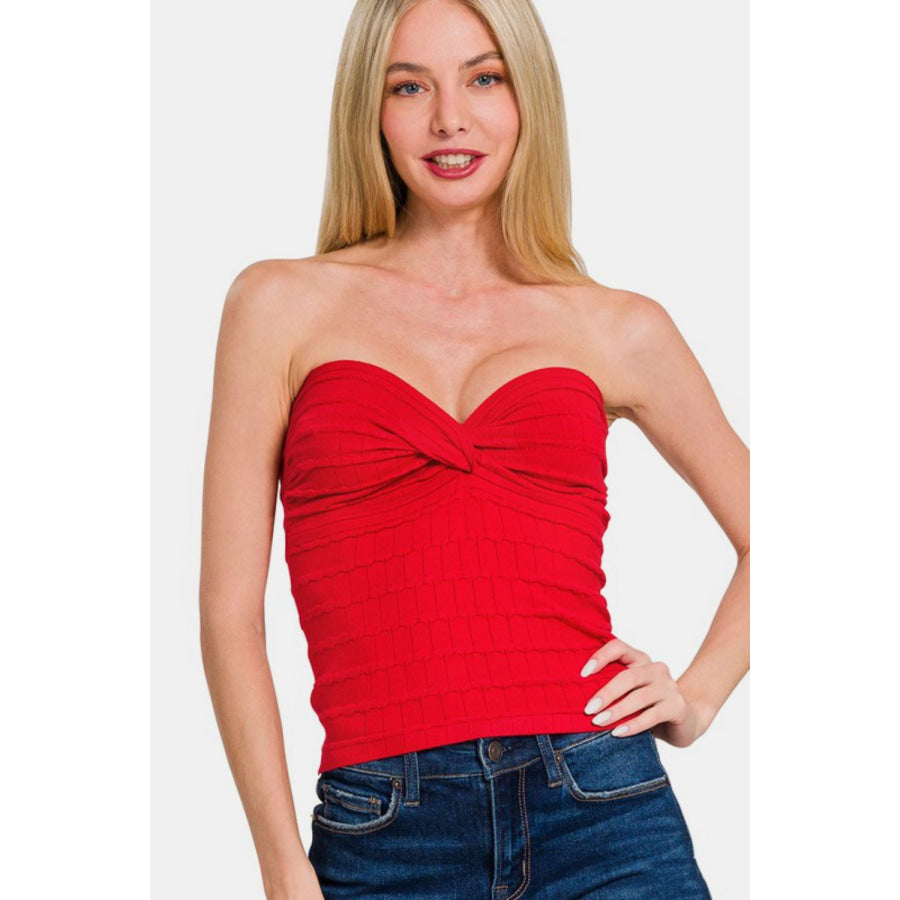 Zenana Ruched Twisted Sweetheart Neck Top Red / S Apparel and Accessories