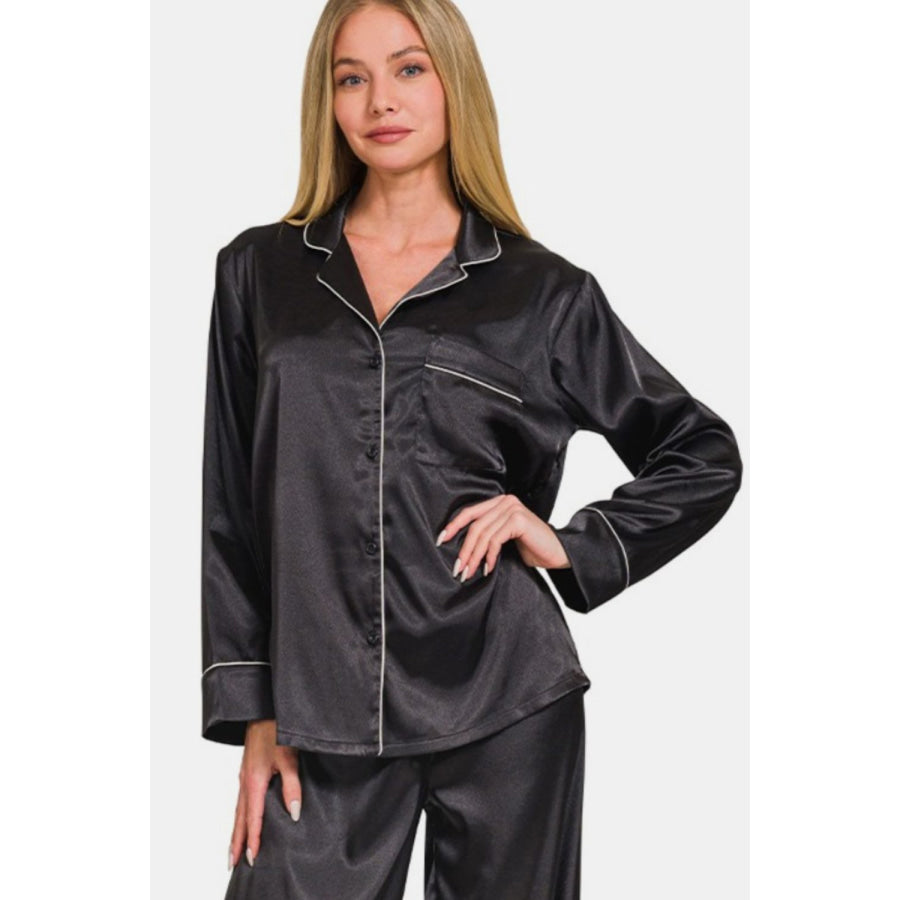 Zenana Satin Long Sleeve Shirt and Pants Pajama Set Apparel and Accessories