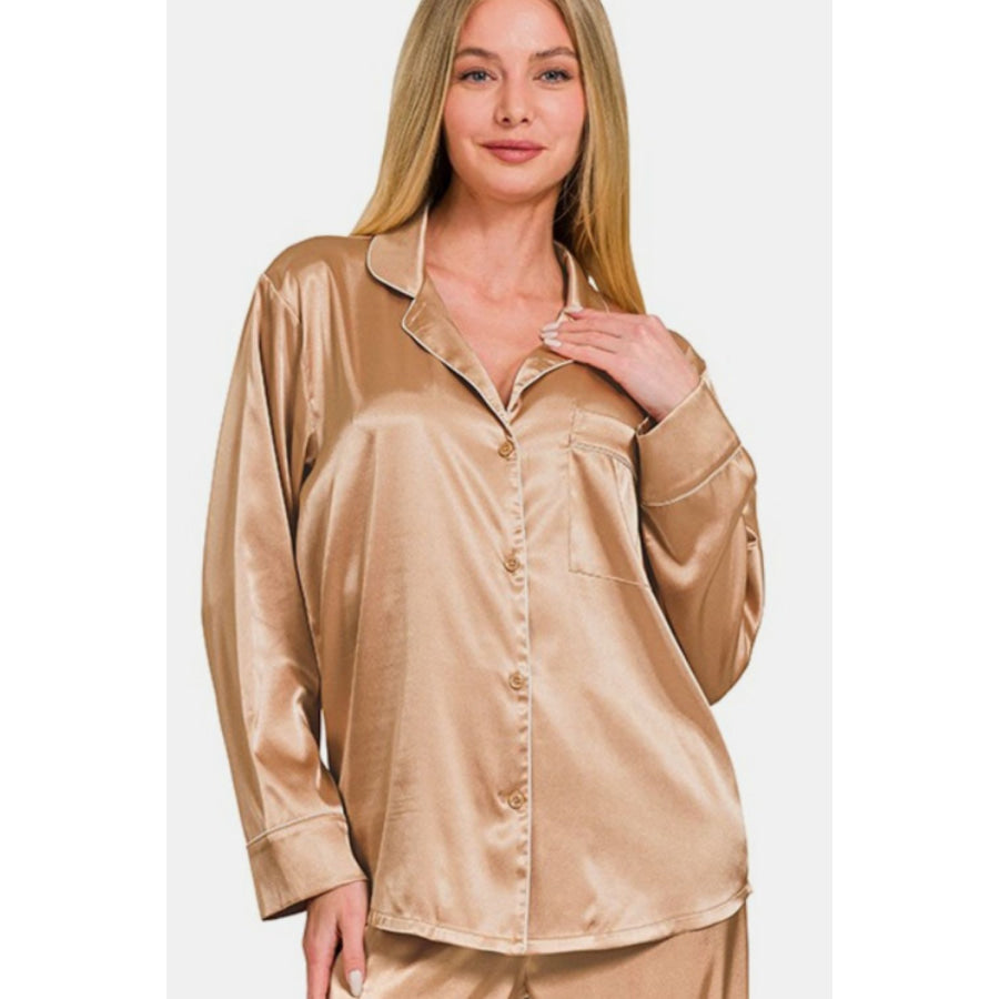 Zenana Satin Long Sleeve Shirt and Pants Pajama Set Apparel and Accessories