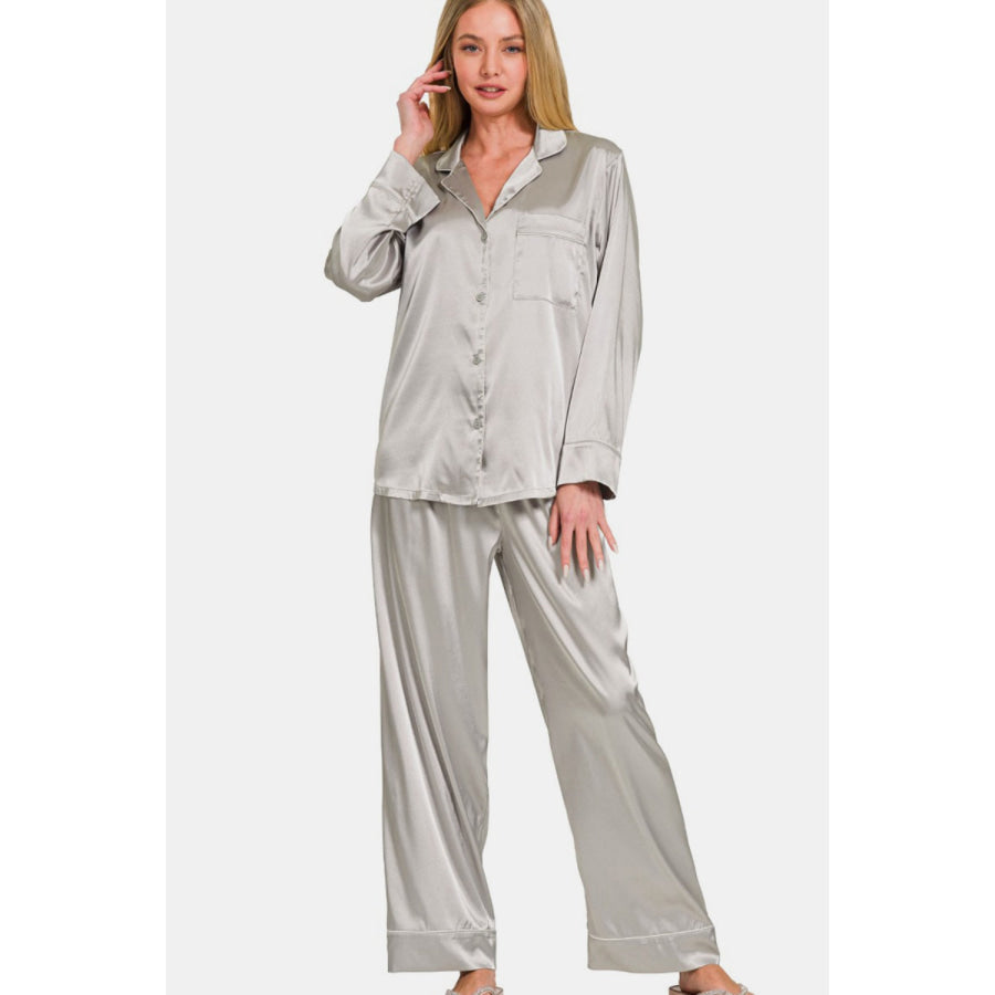 Zenana Satin Long Sleeve Shirt and Pants Pajama Set Apparel and Accessories