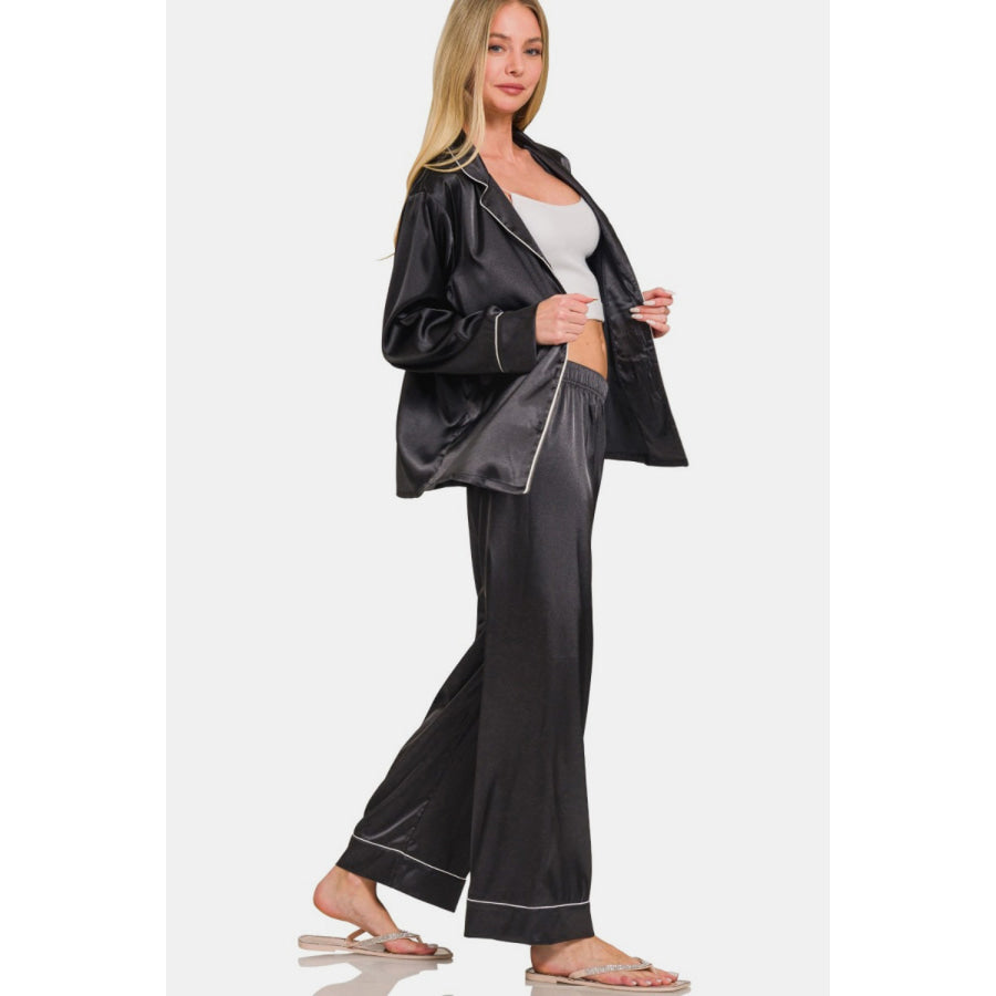 Zenana Satin Long Sleeve Shirt and Pants Pajama Set Black / S Apparel and Accessories