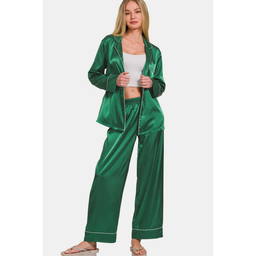 Zenana Satin Long Sleeve Shirt and Pants Pajama Set Hunter Green / S Apparel and Accessories