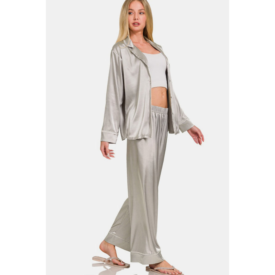 Zenana Satin Long Sleeve Shirt and Pants Pajama Set Apparel and Accessories