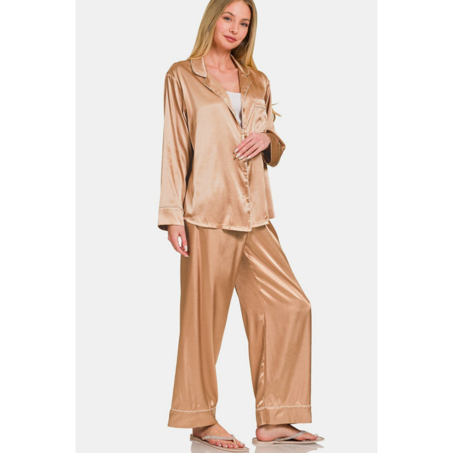 Zenana Satin Long Sleeve Shirt and Pants Pajama Set Apparel and Accessories