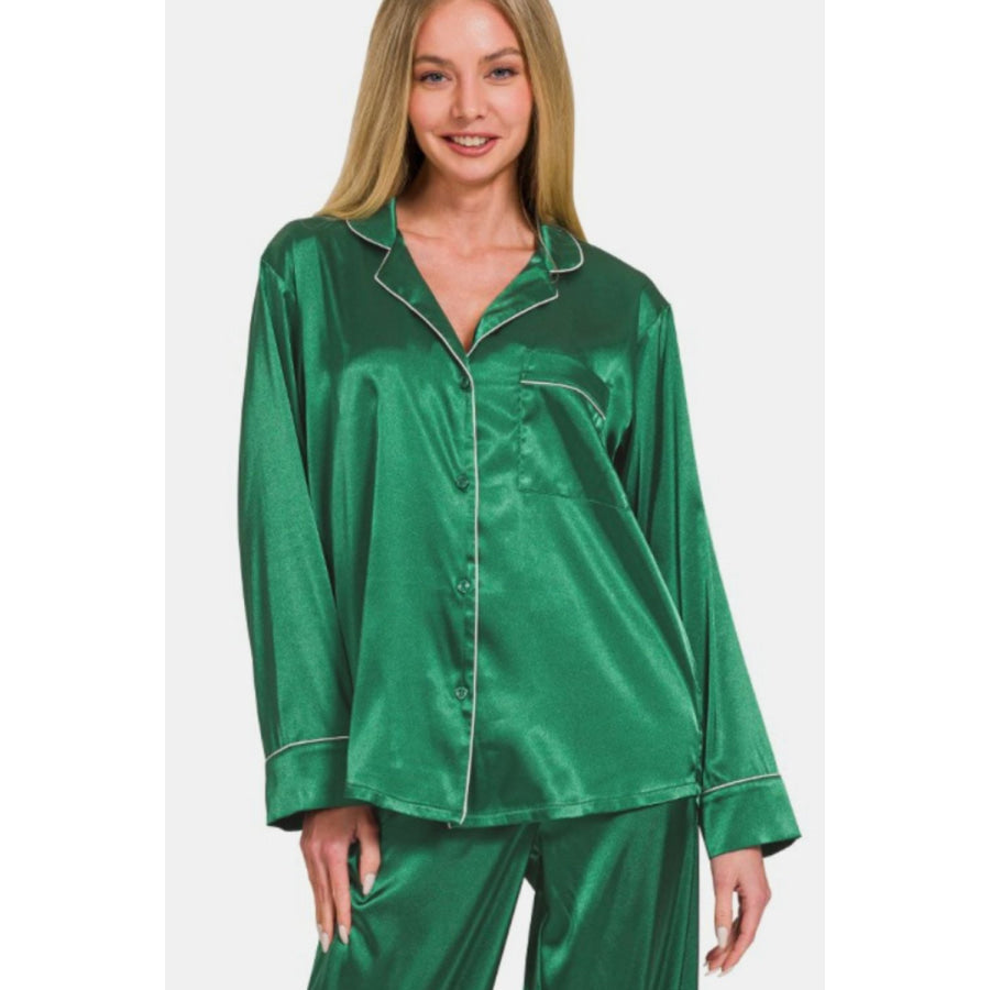 Zenana Satin Long Sleeve Shirt and Pants Pajama Set Apparel and Accessories