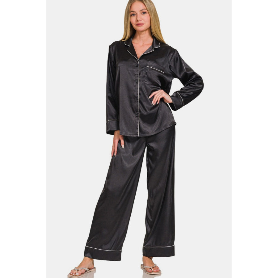 Zenana Satin Long Sleeve Shirt and Pants Pajama Set Black / S Apparel and Accessories