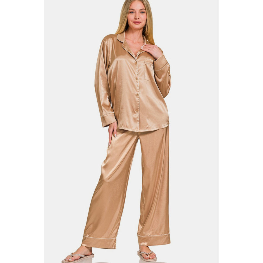 Zenana Satin Long Sleeve Shirt and Pants Pajama Set Brush / S Apparel and Accessories