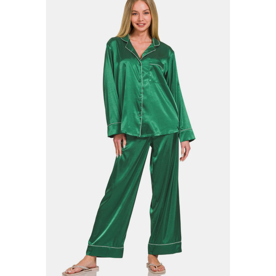 Zenana Satin Long Sleeve Shirt and Pants Pajama Set Hunter Green / S Apparel and Accessories