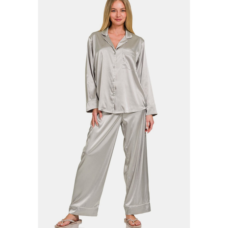 Zenana Satin Long Sleeve Shirt and Pants Pajama Set Silver / S Apparel and Accessories