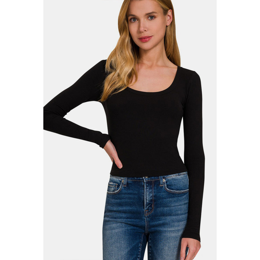 Zenana Scoop Neck Long Sleeve T-Shirt Black / S Apparel and Accessories