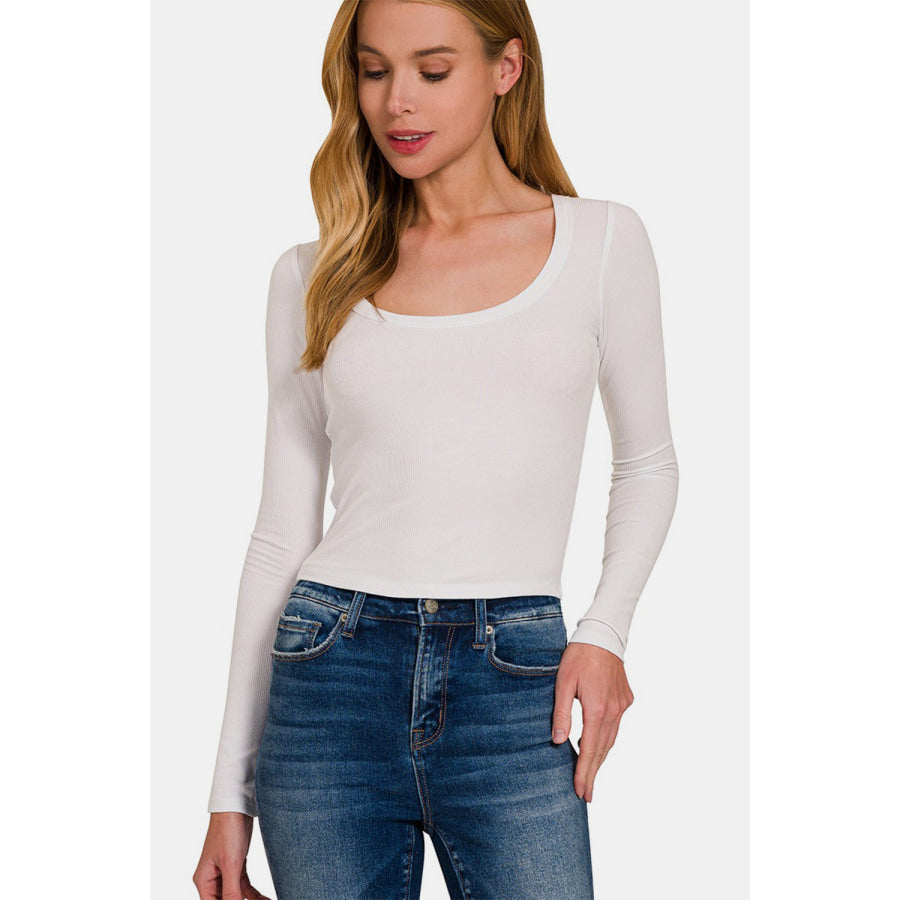 Zenana Scoop Neck Long Sleeve T-Shirt White / S Apparel and Accessories