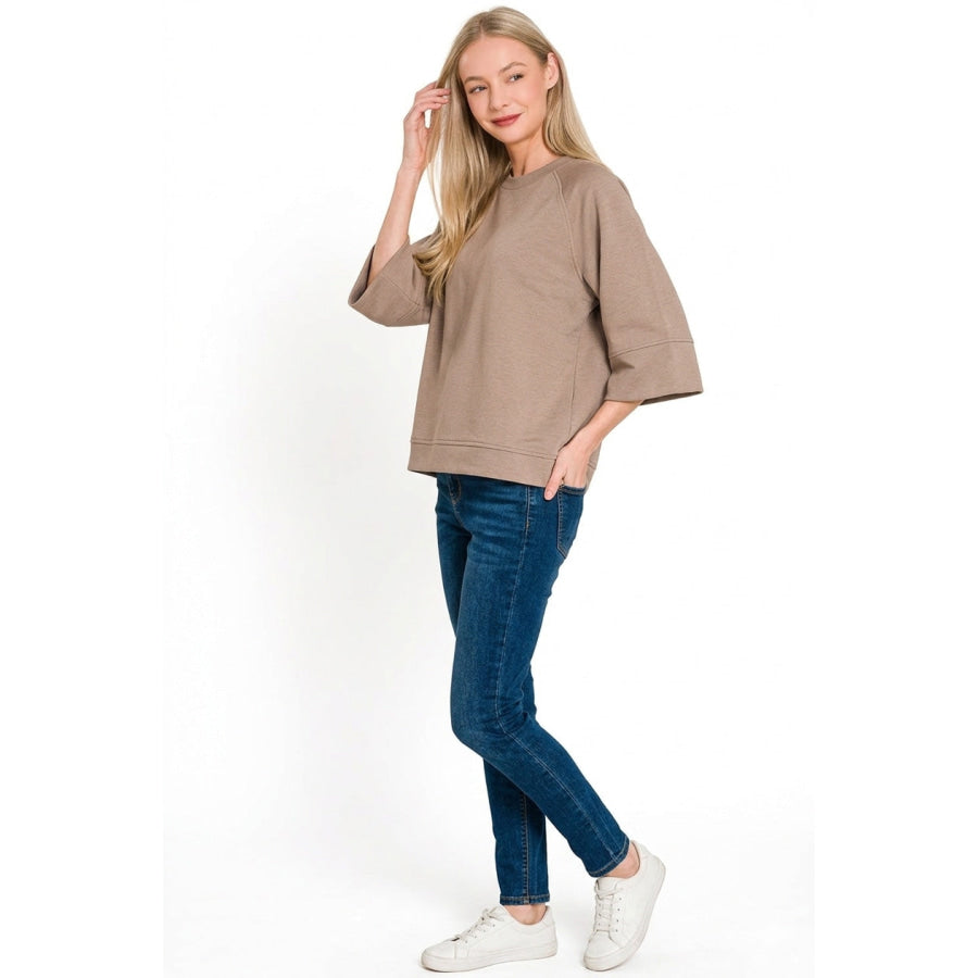 Zenana Scuba 3/4 Sleeve Pullover Apparel and Accessories