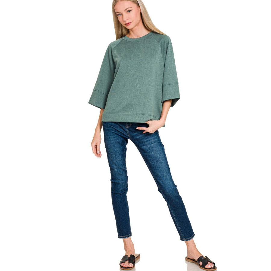 Zenana Scuba 3/4 Sleeve Pullover ASH JADE / S/M Apparel and Accessories