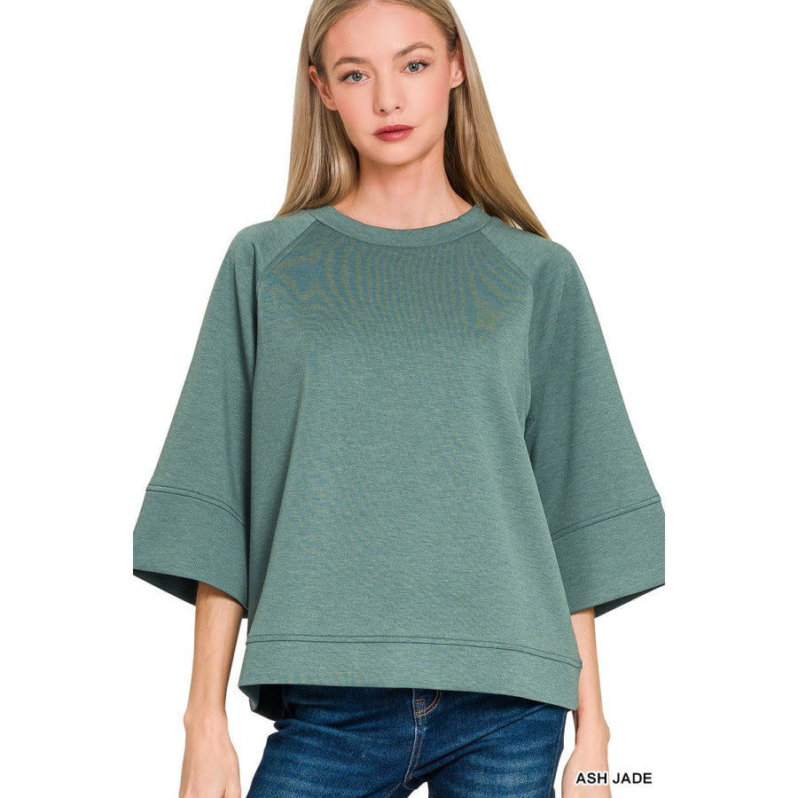 Zenana Scuba 3/4 Sleeve Pullover ASH JADE / S/M Apparel and Accessories