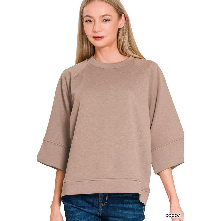 Zenana Scuba 3/4 Sleeve Pullover COCOA / S/M Apparel and Accessories