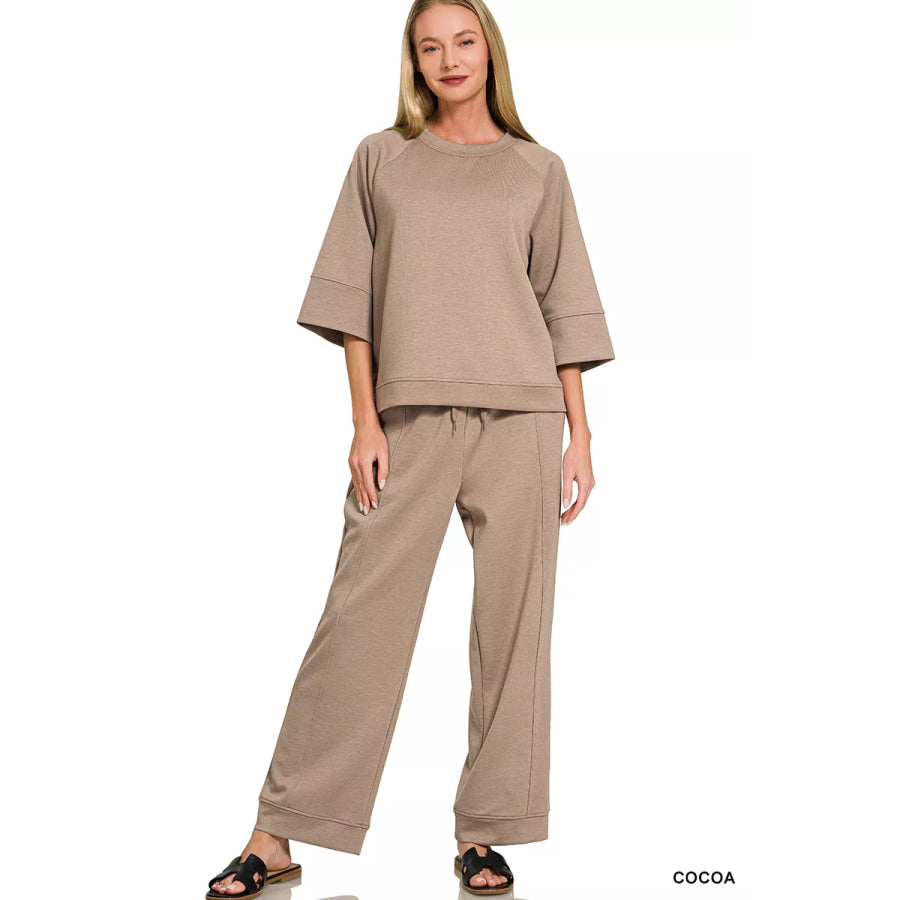 Zenana Scuba 3/4 Sleeve Pullover & Pants Set COCOA / S Apparel and Accessories