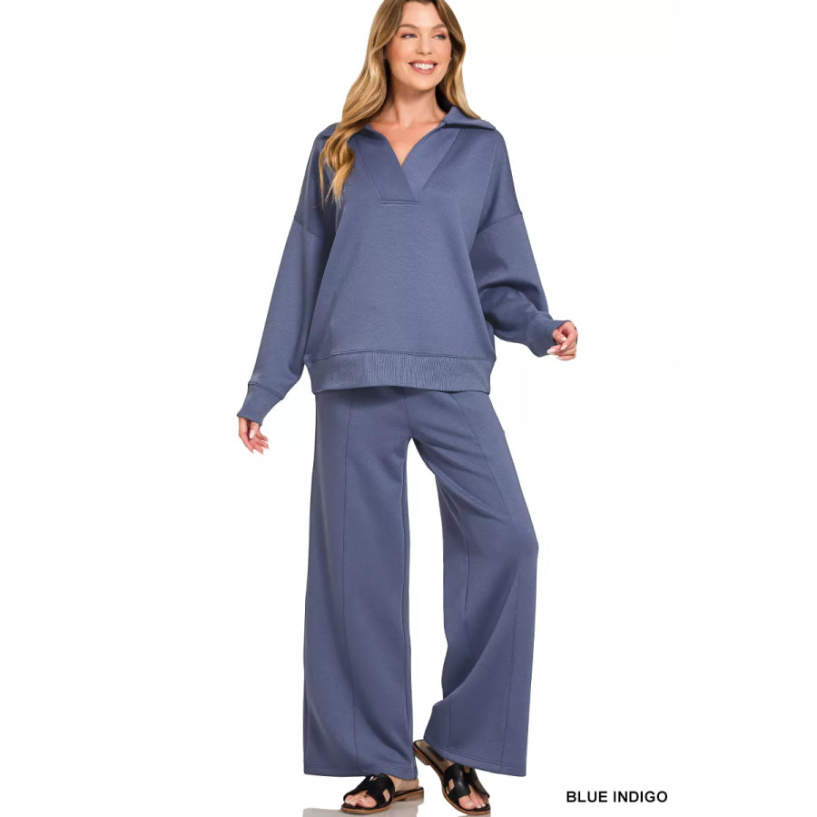 Zenana Scuba Collared Pullover & Center Seam Pants Set BLUEINDIGO / S Apparel and Accessories