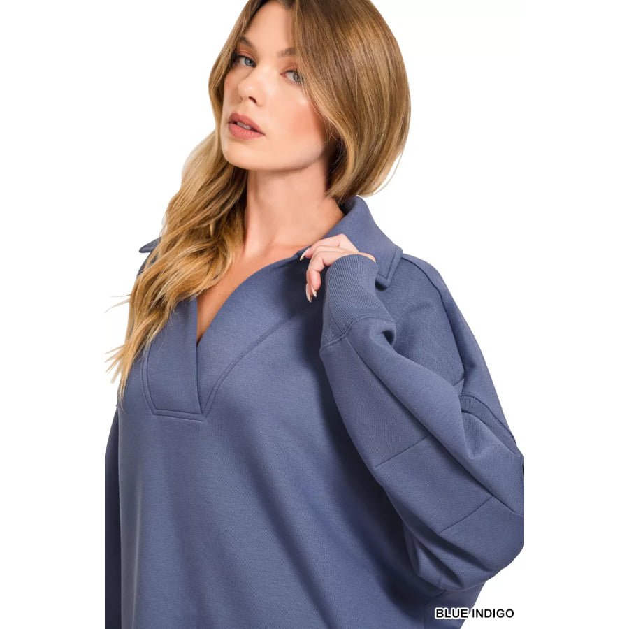Zenana Scuba Collared Pullover & Center Seam Pants Set Apparel and Accessories