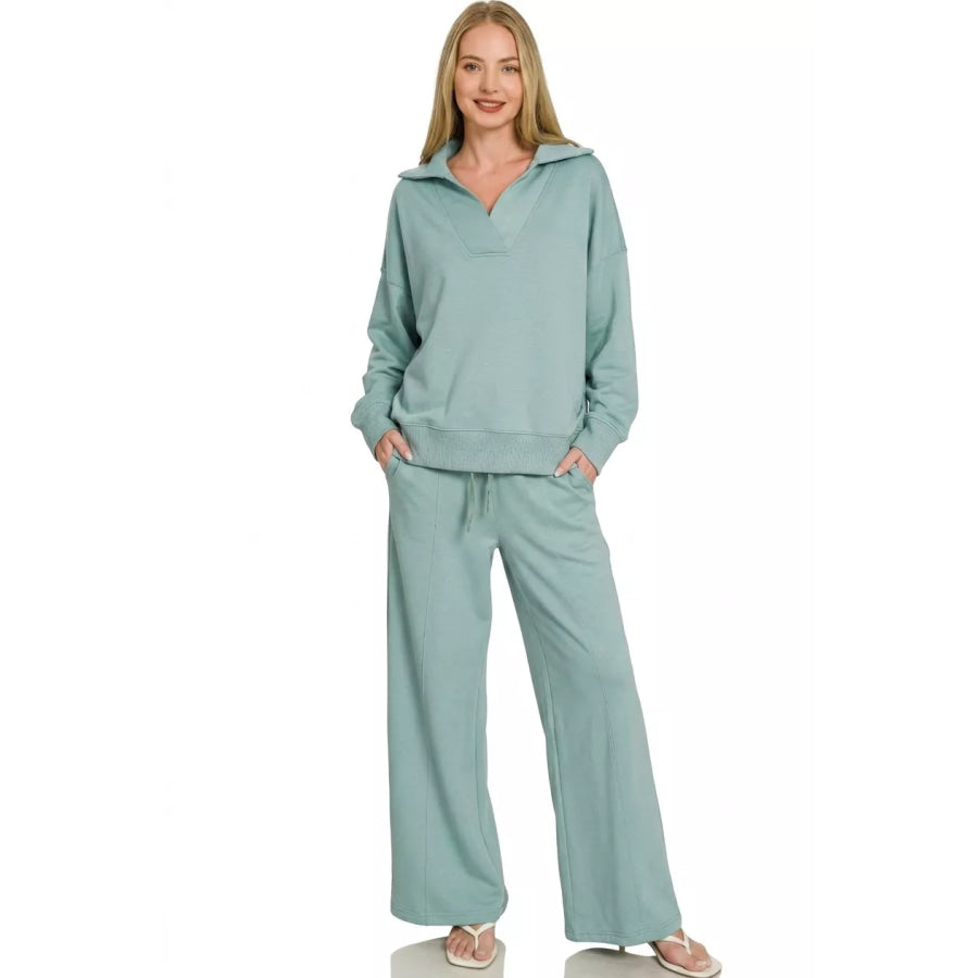 Zenana Scuba Collared Pullover & Center Seam Pants Set Apparel and Accessories