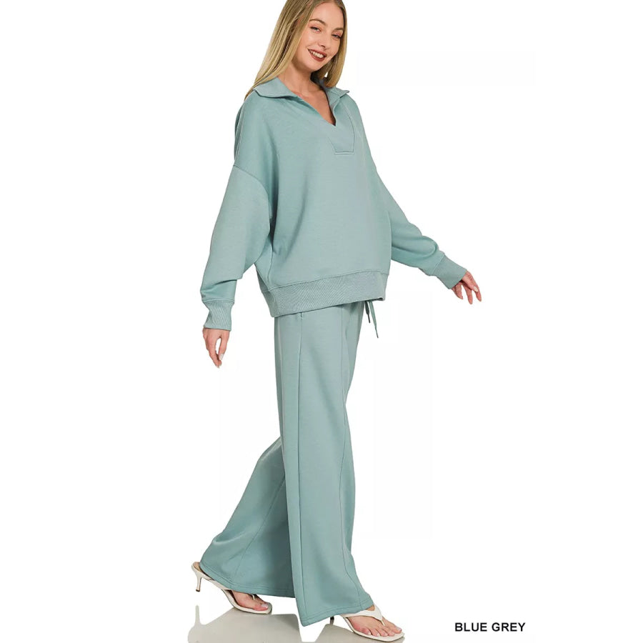 Zenana Scuba Collared Pullover & Center Seam Pants Set Apparel and Accessories