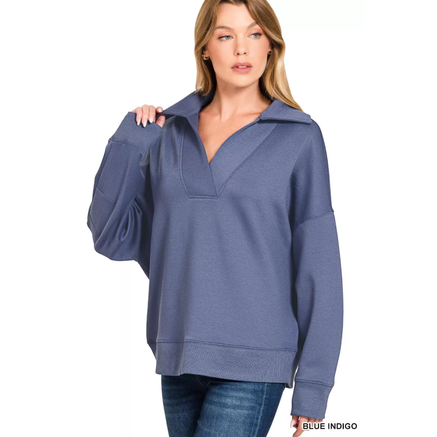 Zenana Scuba Collared Pullover & Center Seam Pants Set Apparel and Accessories