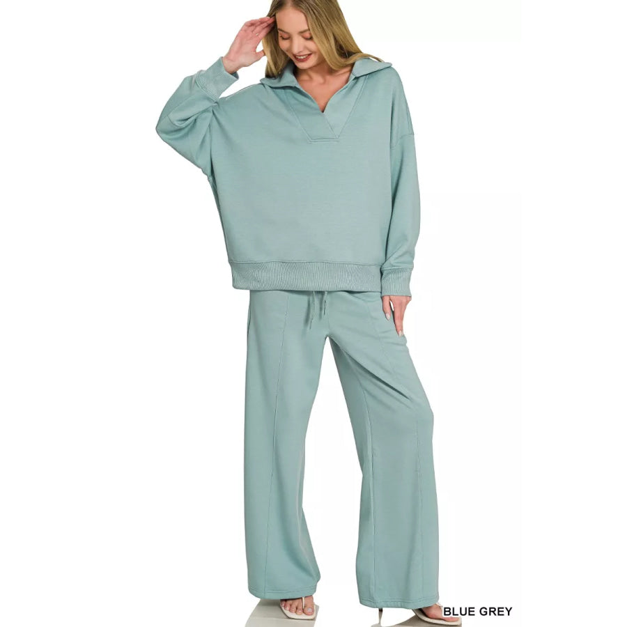 Zenana Scuba Collared Pullover & Center Seam Pants Set BLUE GREY / S Apparel and Accessories