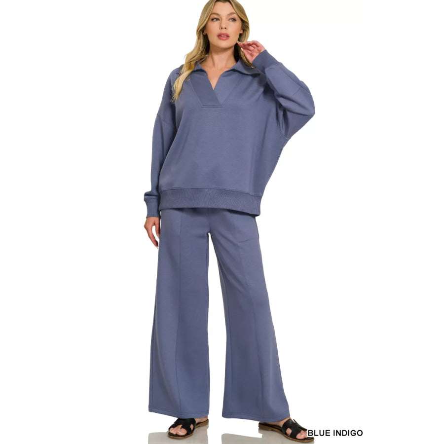 Zenana Scuba Collared Pullover & Center Seam Pants Set BLUEINDIGO / S Apparel and Accessories