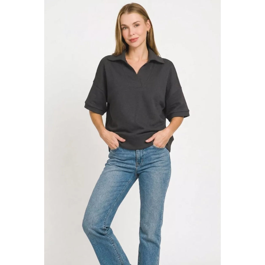 Zenana Scuba Collared Short Sleeve Pullover Apparel and Accessories