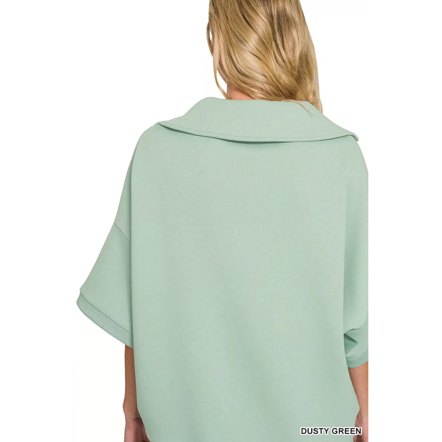 Zenana Scuba Collared Short Sleeve Pullover Apparel and Accessories
