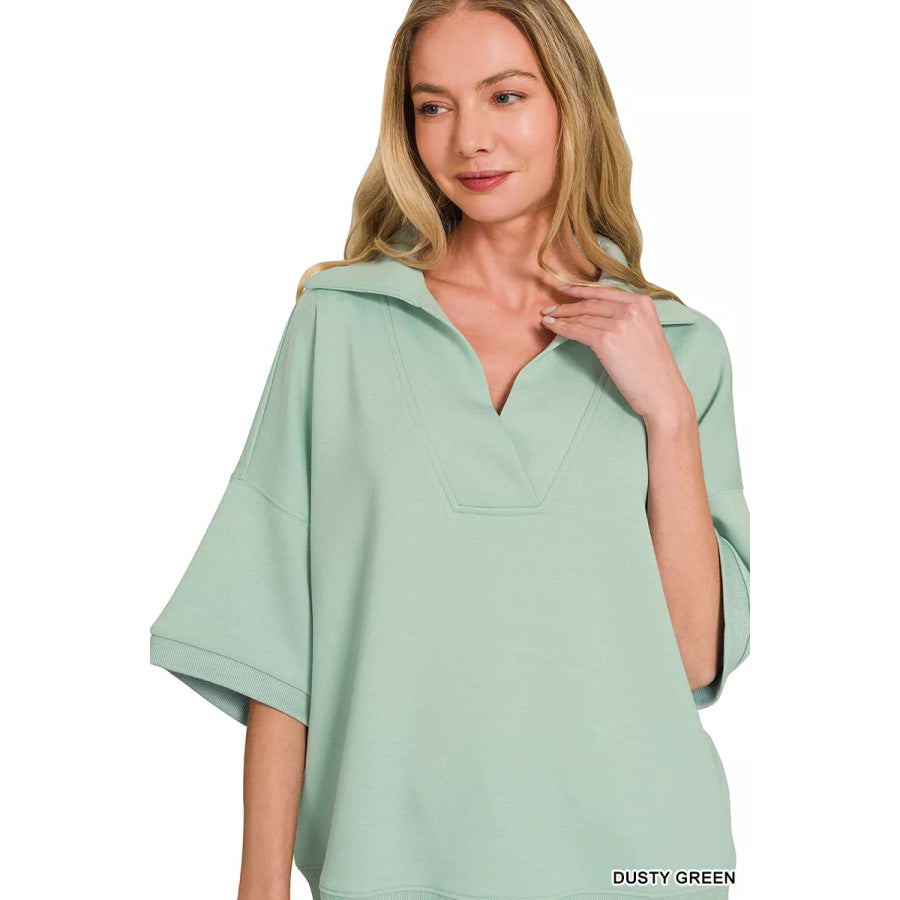 Zenana Scuba Collared Short Sleeve Pullover DUSTY GREEN / S Apparel and Accessories