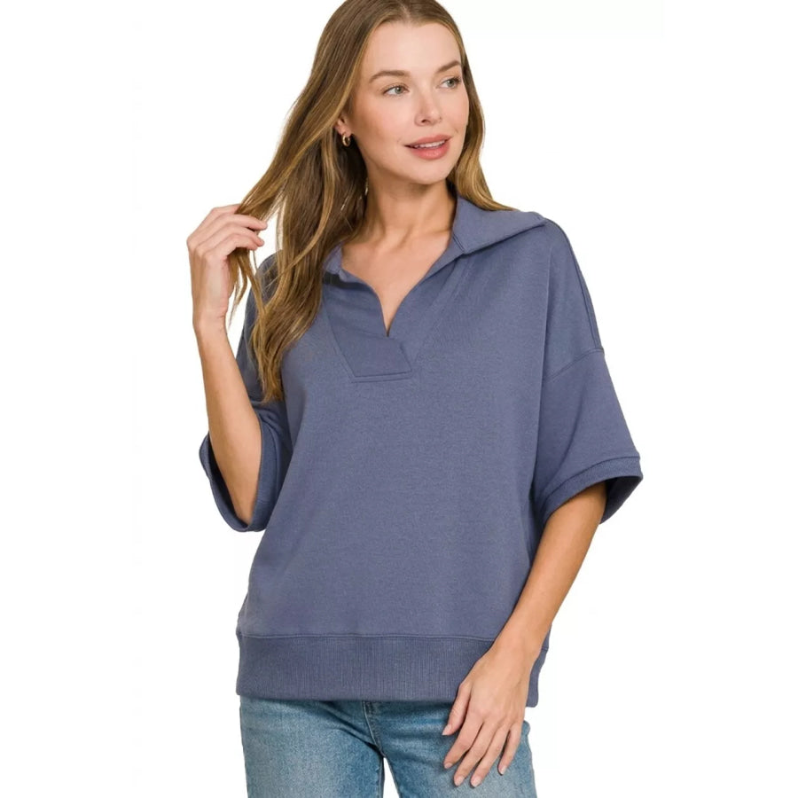 Zenana Scuba Collared Short Sleeve Pullover BLUE INDIGO / S Apparel and Accessories