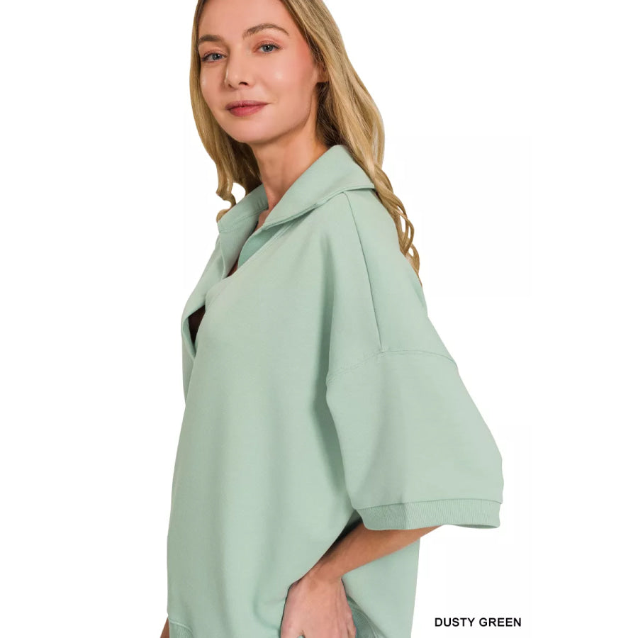 Zenana Scuba Collared Short Sleeve Pullover Apparel and Accessories