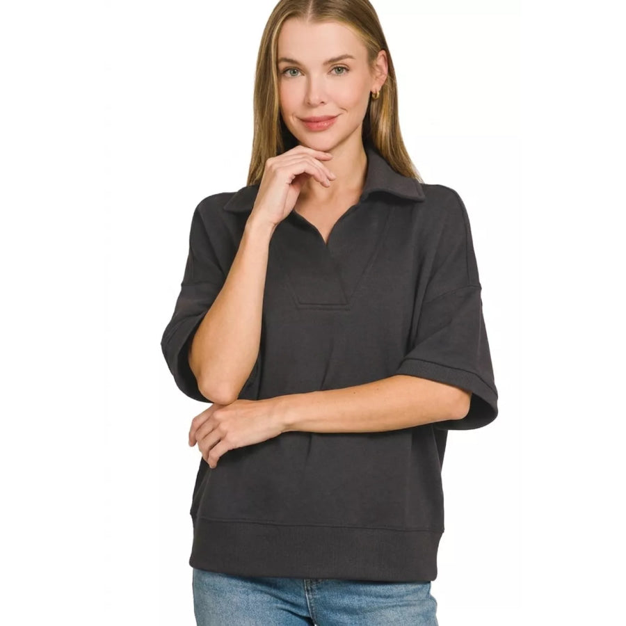 Zenana Scuba Collared Short Sleeve Pullover BLACK / S Apparel and Accessories