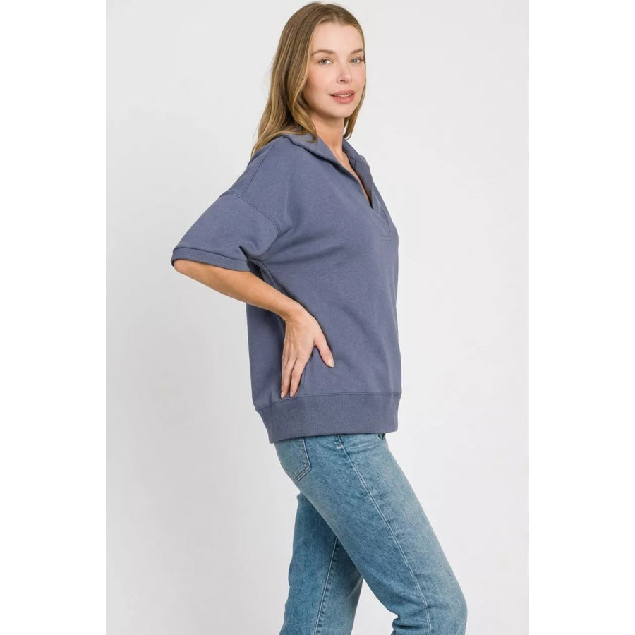 Zenana Scuba Collared Short Sleeve Pullover Apparel and Accessories