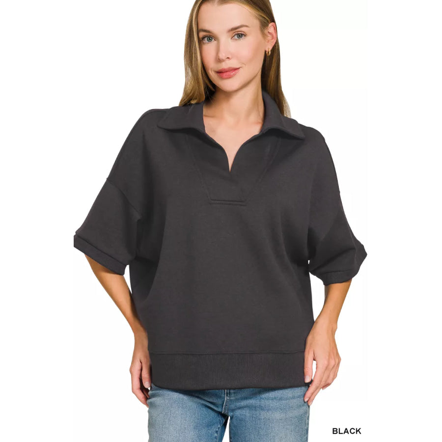 Zenana Scuba Collared Short Sleeve Pullover BLACK / S Apparel and Accessories