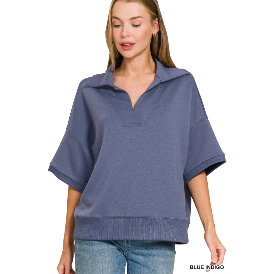 Zenana Scuba Collared Short Sleeve Pullover BLUE INDIGO / S Apparel and Accessories