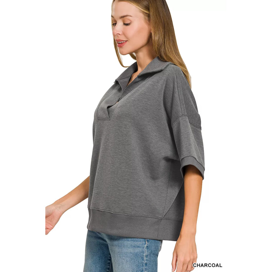 Zenana Scuba Collared Short Sleeve Pullover & Center Seam Pants Set Apparel and Accessories