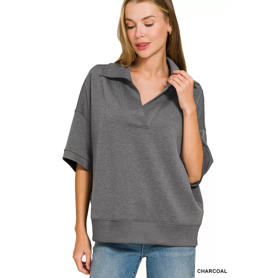 Zenana Scuba Collared Short Sleeve Pullover & Center Seam Pants Set Apparel and Accessories