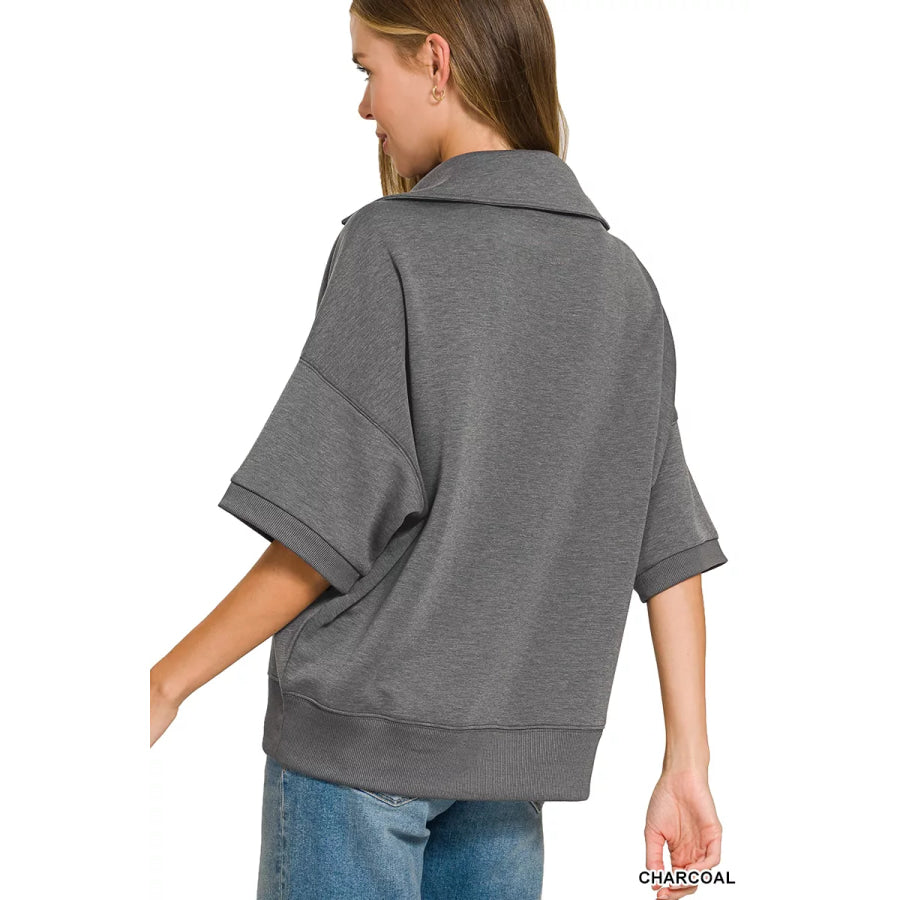 Zenana Scuba Collared Short Sleeve Pullover & Center Seam Pants Set Apparel and Accessories