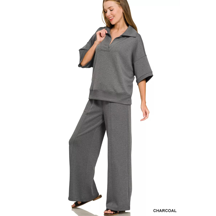 Zenana Scuba Collared Short Sleeve Pullover & Center Seam Pants Set CHARCOAL / S Apparel and Accessories