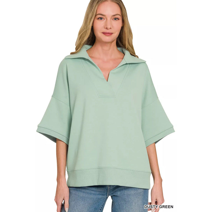 Zenana Scuba Collared Short Sleeve Pullover DUSTY GREEN / S Apparel and Accessories