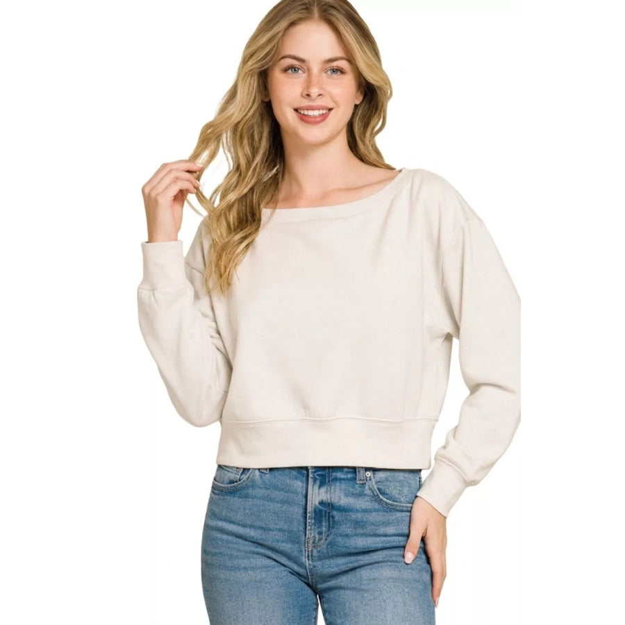 Zenana Scuba Cropped Boat Neck Pullover Sweatshirts Apparel and Accessories