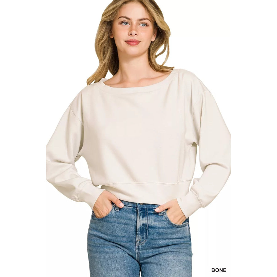 Zenana Scuba Cropped Boat Neck Pullover Sweatshirts BONE / S Apparel and Accessories