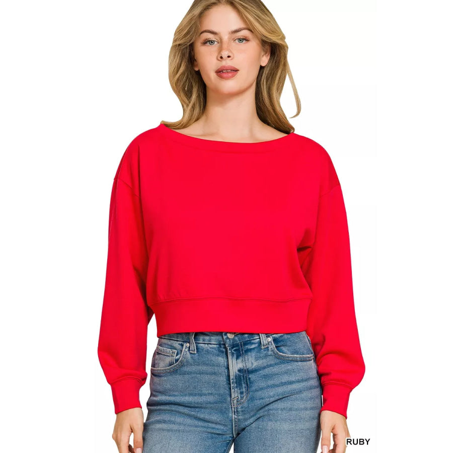 Zenana Scuba Cropped Boat Neck Pullover Sweatshirts RUBY / S Apparel and Accessories