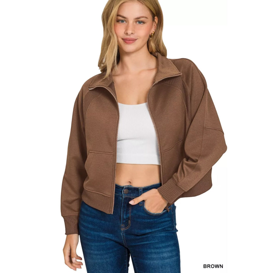 Zenana Scuba Full Zip Cropped Jacket with Pockets Apparel and Accessories