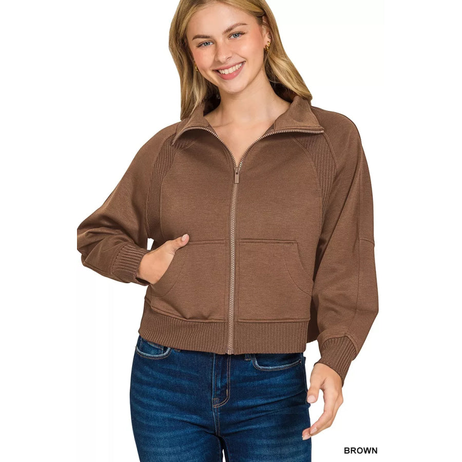 Zenana Scuba Full Zip Cropped Jacket with Pockets BROWN / S Apparel and Accessories